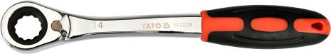 Ключ накидний вигнутий з тріскачкою: М14, HRC 42-48, Cr-V, з ергономічною прогумованою ручкою Yato YT-02376 Ключ накидний вигнутий з тріскачкою: М14, HRC 42-48, Cr-V, з ергономічною прогумованою ручкою Yato YT-02376