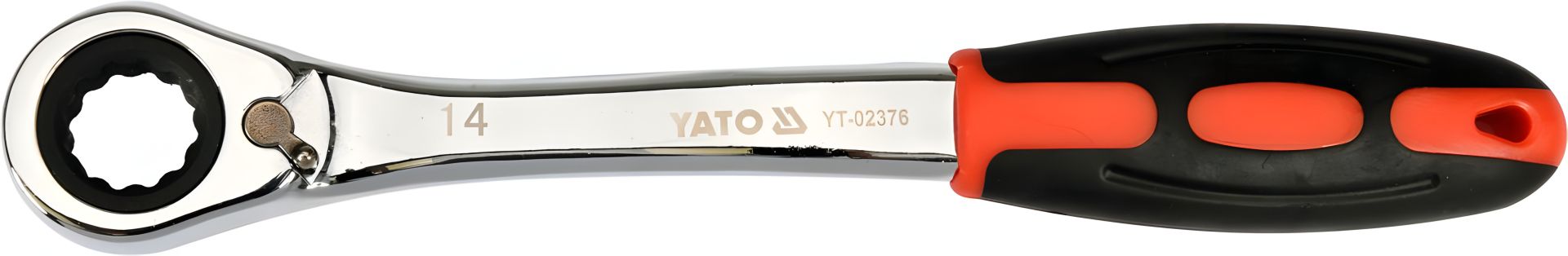 Ключ накидний вигнутий з тріскачкою: М14, HRC 42-48, Cr-V, з ергономічною прогумованою ручкою Yato YT-02376 Ключ накидний вигнутий з тріскачкою: М14, HRC 42-48, Cr-V, з ергономічною прогумованою ручкою Yato YT-02376