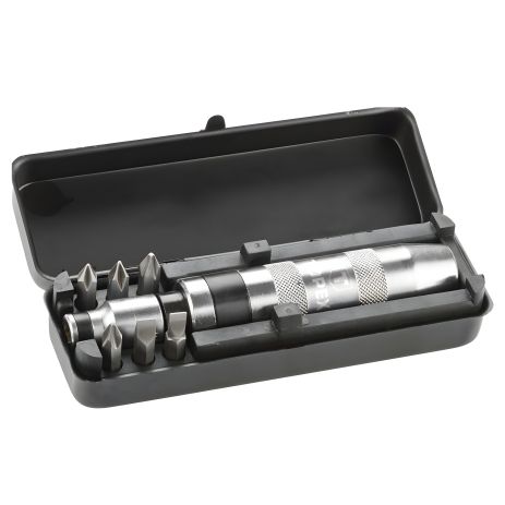 Викрутка ударна, набір 7 шт., викруткова рукоятка 1/2, перехідник для змінних наконечників 1/2 x 5, 16, 5 змінних наконечників 35 мм, шліцеві 7 мм, 8 мм, хрестові PH2, PH3, 2 змінних наконечника 75 мм, розміри: 8