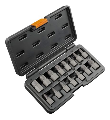 Набор экстракторов для винтов 15 шт. 1, 2, размеры: 3, 4, 5, 5.5, 6, 8, 10, 1, 8”, 3, 16”, 1, 4”, 3, 8” мм с головкой 12 мм, а также 11, 12, 14, 1, 2” мм с головкой 16 мм, сталь CrMo NEO 09-607