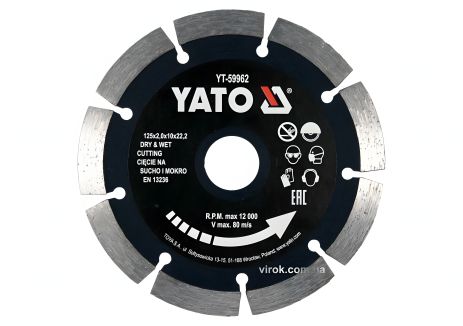 Алмазный диск отрезной по камню и бетону Ø=125x2x10x22.2 мм, YaTo YT-59962 (для мокрого и сухого реза) Алмазный диск отрезной по камню и бетону Ø=125x2x10x22.2 мм, YaTo YT-59962 (для мокрого и сухого реза)