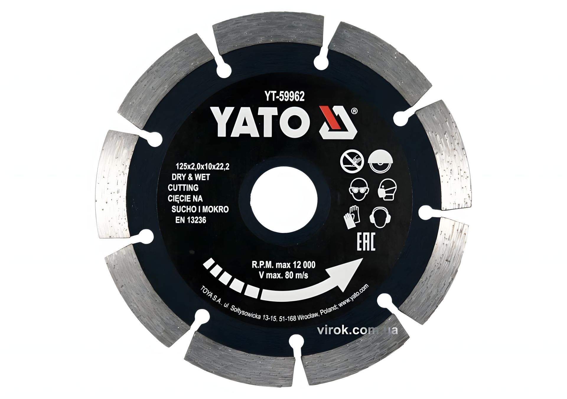 Алмазний відрізний диск по каменю та бетону Ø=125x2x10x22.2 мм для мокрого та сухого режиму YaTo YT-59962 Алмазний відрізний диск по каменю та бетону Ø=125x2x10x22.2 мм для мокрого та сухого режиму YaTo YT-59962