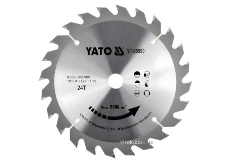 Побідитовий диск пильний по дереву: 165x16x2.2x1.5 мм, 24 зубці, RP M до 9500 1/хв YaTo YT-60590