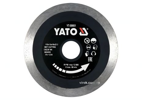 Диск відрізний алмазний для гресу, скла, кераміки Ø=115х1.6х10х22.2 мм, мокрий/сухий режим, YaTo YT-59951