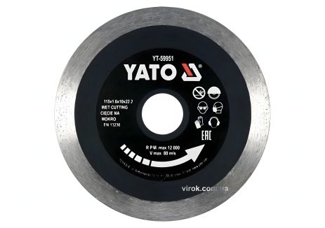Диск відрізний алмазний для гресу, скла, кераміки Ø=115х1.6х10х22.2 мм, мокрий/сухий режим, YaTo YT-59951