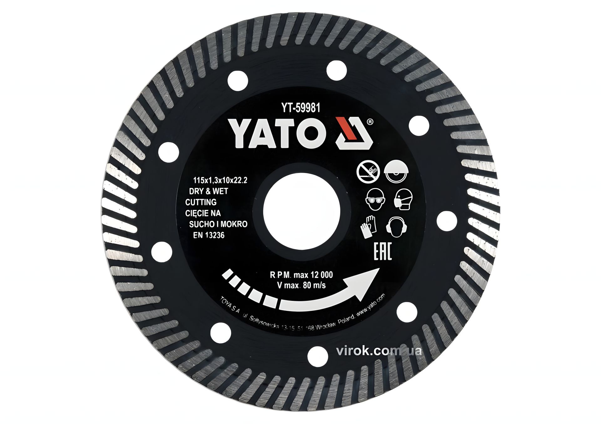 Алмазний відрізний диск для гресу та кераміки "TURBO" Ø=115x1.3x10x22.2 мм, YaTo YT-59981 Алмазний відрізний диск для гресу та кераміки "TURBO" Ø=115x1.3x10x22.2 мм, YaTo YT-59981