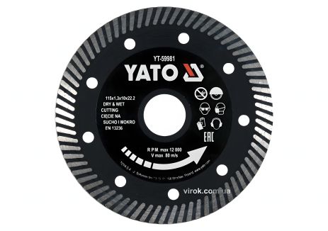 Алмазний відрізний диск для гресу та кераміки "TURBO" Ø=115x1.3x10x22.2 мм, YaTo YT-59981
