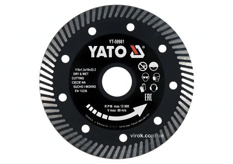 Обрезной алмазный диск по гресу и керамике "TURBO" Ø=115x1.3x10x22.2 мм в мокром режиме YaTo YT-59981