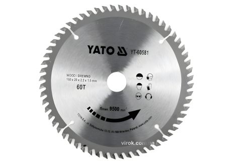 Пильний диск по дереву побідитовий: 160x20x2.2x1.5 мм, 60 зубів, RP M до 9500 1/хв YaTo YT-60581