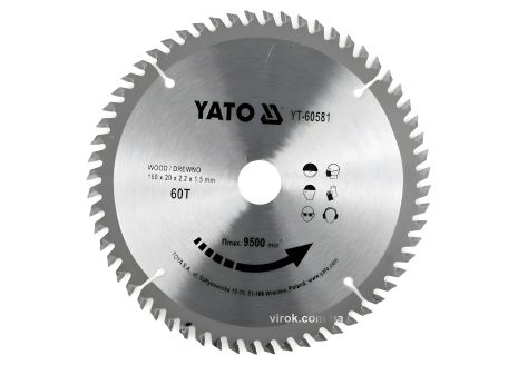Победитовый пильный диск по дереву: 160x20x2.2x1.5 мм, 60 зубьев, R. P. M до 9500 1/мин, YaTo YT-60581