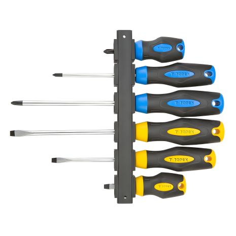 Набор отверток из 6 шт., закалённое намагниченное жало, сталь CrV, двухкомпонентная рукоятка с вешалкой Topex 39D886 Набор отверток из 6 шт., закалённое намагниченное жало, сталь CrV, двухкомпонентная рукоятка с вешалкой Topex 39D886