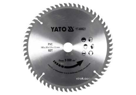 Пильный диск по ПВХ YaTo YT-60627, Ø=185х2.5x20 мм, 60 зубьев, R. P. M до 9000 1/мин Пильный диск по ПВХ YaTo YT-60627, Ø=185х2.5x20 мм, 60 зубьев, R. P. M до 9000 1/мин