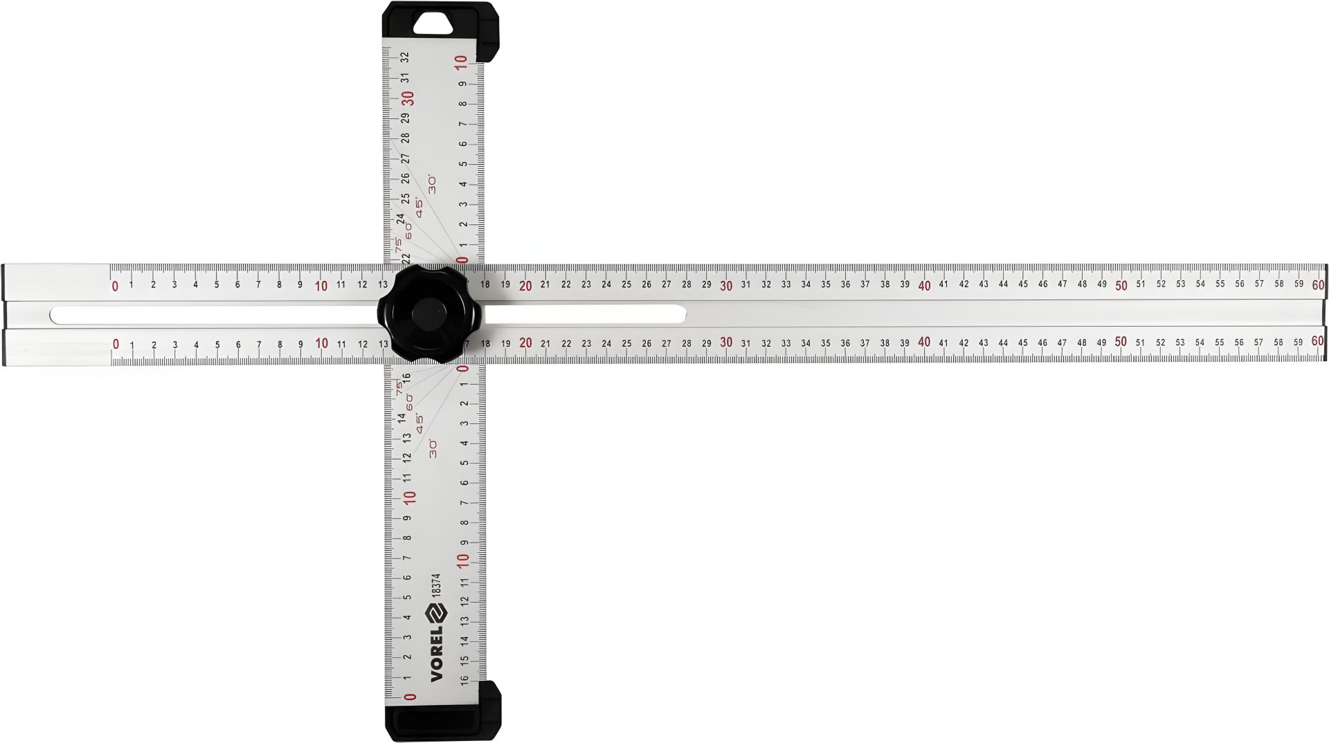 Алюминиевый угольник с регулировкой 600 х 320 мм с разметкой углов 30-75° Vorel 18374 Алюминиевый угольник с регулировкой 600 х 320 мм с разметкой углов 30-75° Vorel 18374