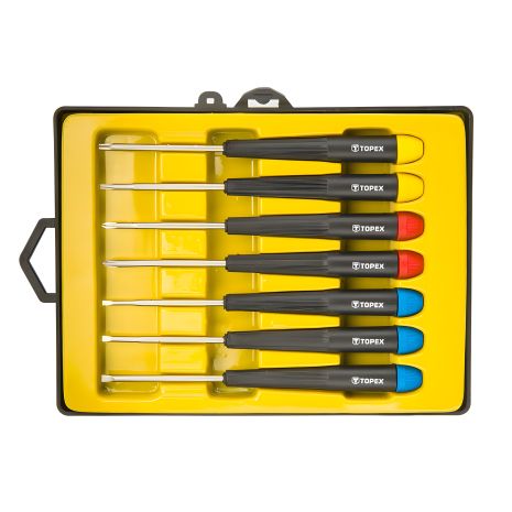 Набор прецизионных отверток, 7 шт. размеры: 2 x 50 мм, 2.5 x 50 мм, 3 x 50 мм, PH000 x 50 мм, PH0 x 50 мм, T8 x 50 мм, T10 x 50 мм, сталь CrV, Topex 39D552 Набор прецизионных отверток, 7 шт. размеры: 2 x 50 мм, 2.5 x 50 мм, 3 x 50 мм, PH000 x 50 мм, PH0 x 50 мм, T8 x 50 мм, T10 x 50 мм, сталь CrV, Topex 39D552