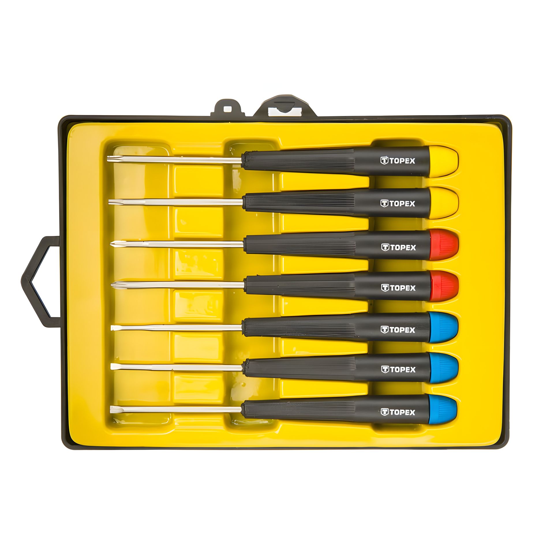 Набор прецизионных отверток, 7 шт. размеры: 2 x 50 мм, 2.5 x 50 мм, 3 x 50 мм, PH000 x 50 мм, PH0 x 50 мм, T8 x 50 мм, T10 x 50 мм, сталь CrV, Topex 39D552 Набор прецизионных отверток, 7 шт. размеры: 2 x 50 мм, 2.5 x 50 мм, 3 x 50 мм, PH000 x 50 мм, PH0 x 50 мм, T8 x 50 мм, T10 x 50 мм, сталь CrV, Topex 39D552