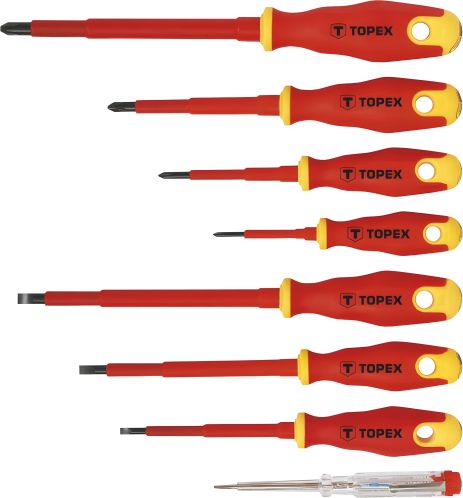 Набір викруток 1000 В, 8 шт., сертифікат, сталь CrV, двокомпонентна рукоятка, розміри: 4 x 100 мм, 5.5 x 125 мм, 6.5 x 150 мм, PH0 x 60 мм, PH1 x 80 мм, PH2 x3 125-250 В Topex 39D674