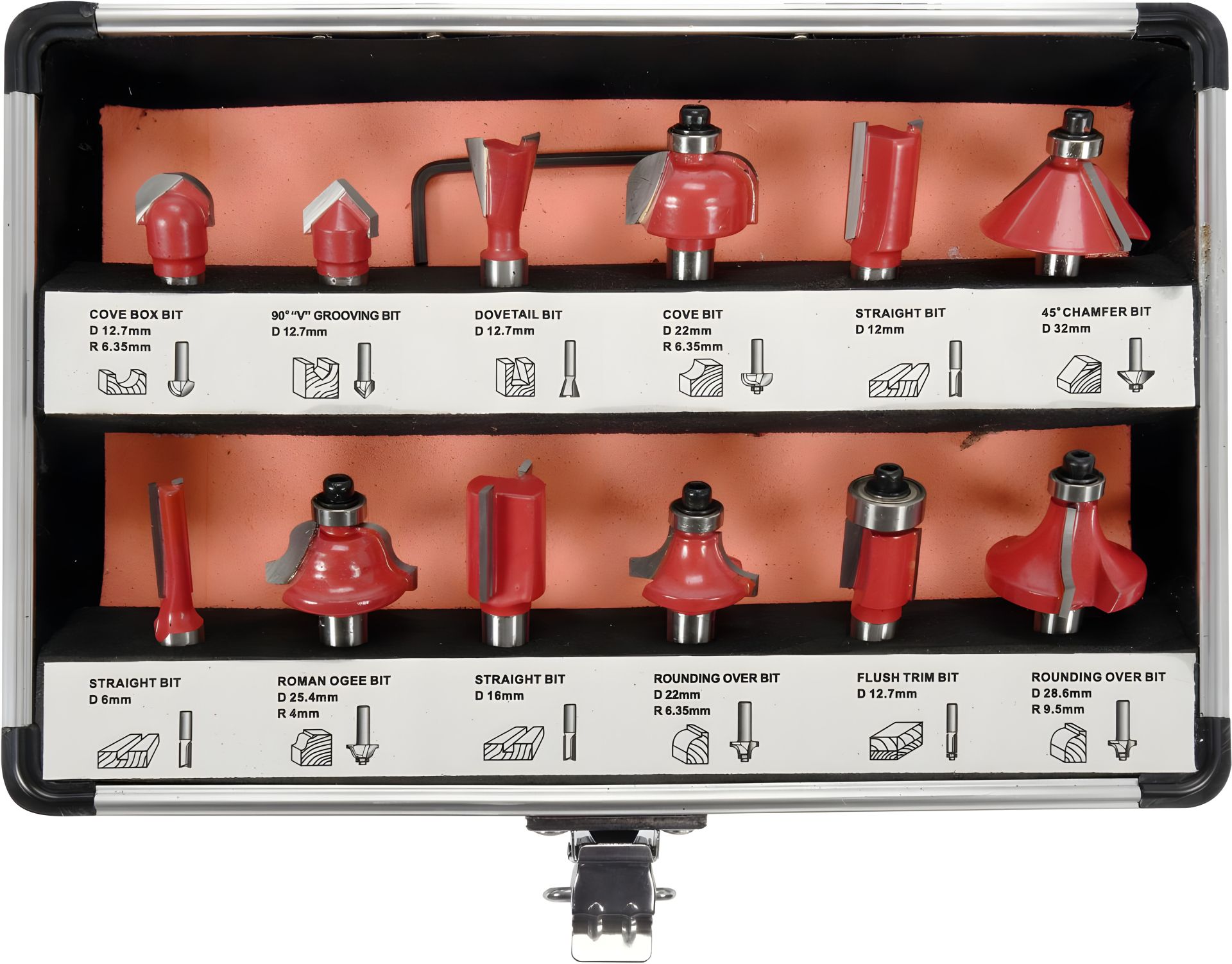 Комплект фрез по дереву со шпинделем Ø8 мм, 12 штук Yato YT-68005 Комплект фрез по дереву со шпинделем Ø8 мм, 12 штук Yato YT-68005