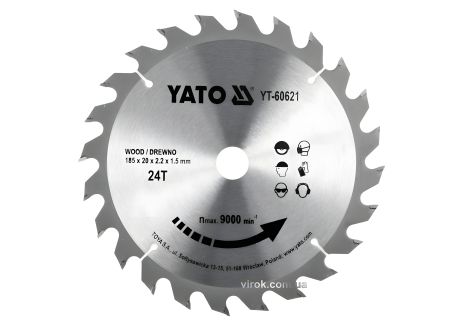 Побідитовий диск пильний YaTo YT-60621 по дереву: 185x20x2.2x1.5 мм, 24 зубці, RP M до 9500 1/хв