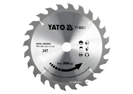 Побідитовий диск пильний YaTo YT-60621 по дереву: 185x20x2.2x1.5 мм, 24 зубці, RP M до 9500 1/хв