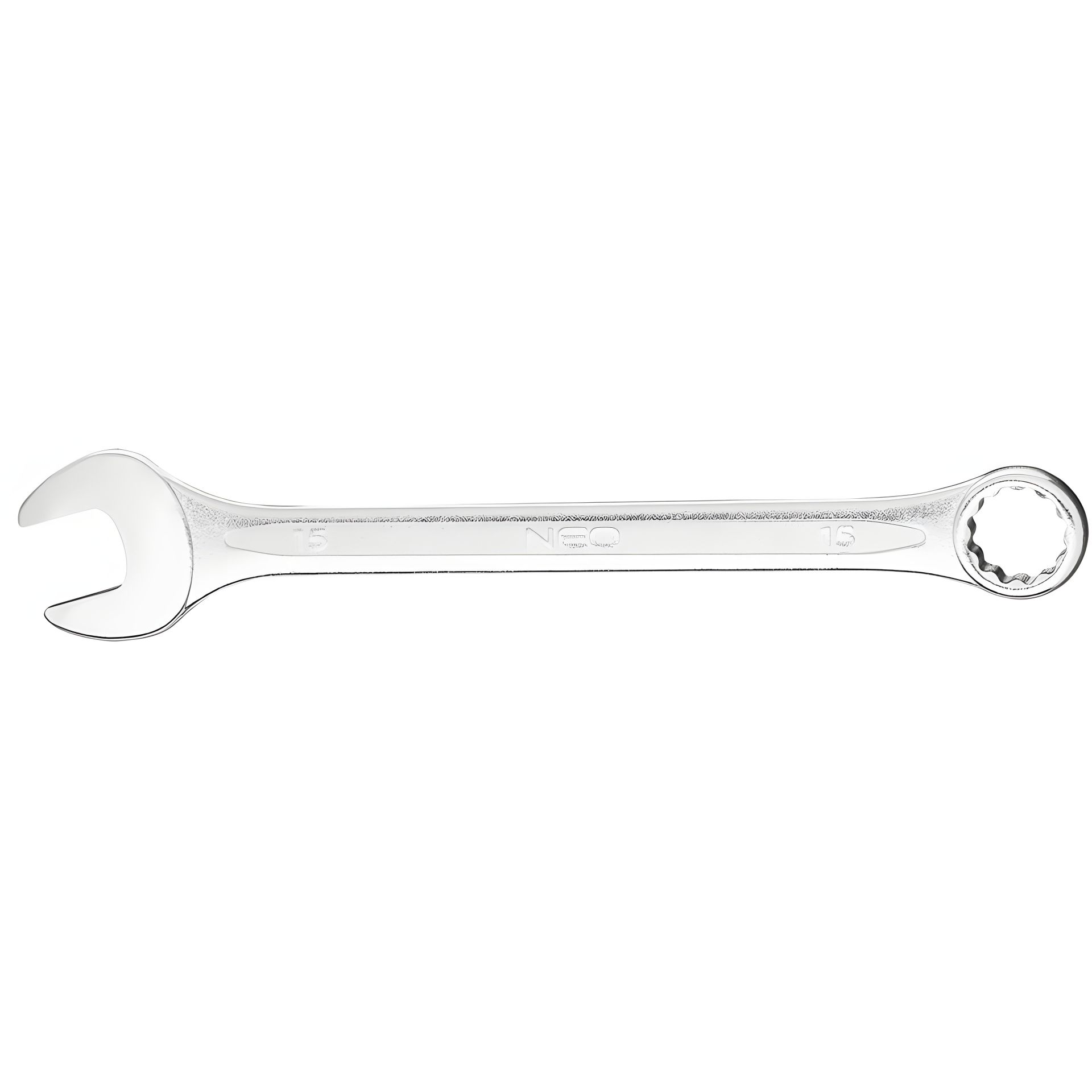 Ключ комбинированный 15 мм CrV сталь, сатинированный, полированная головка, изогнут NEO 09-715 Ключ комбинированный 15 мм CrV сталь, сатинированный, полированная головка, изогнут NEO 09-715
