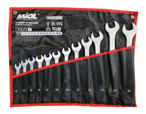 Рожково-накидные ключи 13-32 мм в капроновой сумке, 12 шт MIOL 51-714