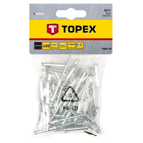 Алюминиевые заклепки 4.8 мм x 23 мм (50 шт.) Topex 43E507 Алюминиевые заклепки 4.8 мм x 23 мм (50 шт.) Topex 43E507